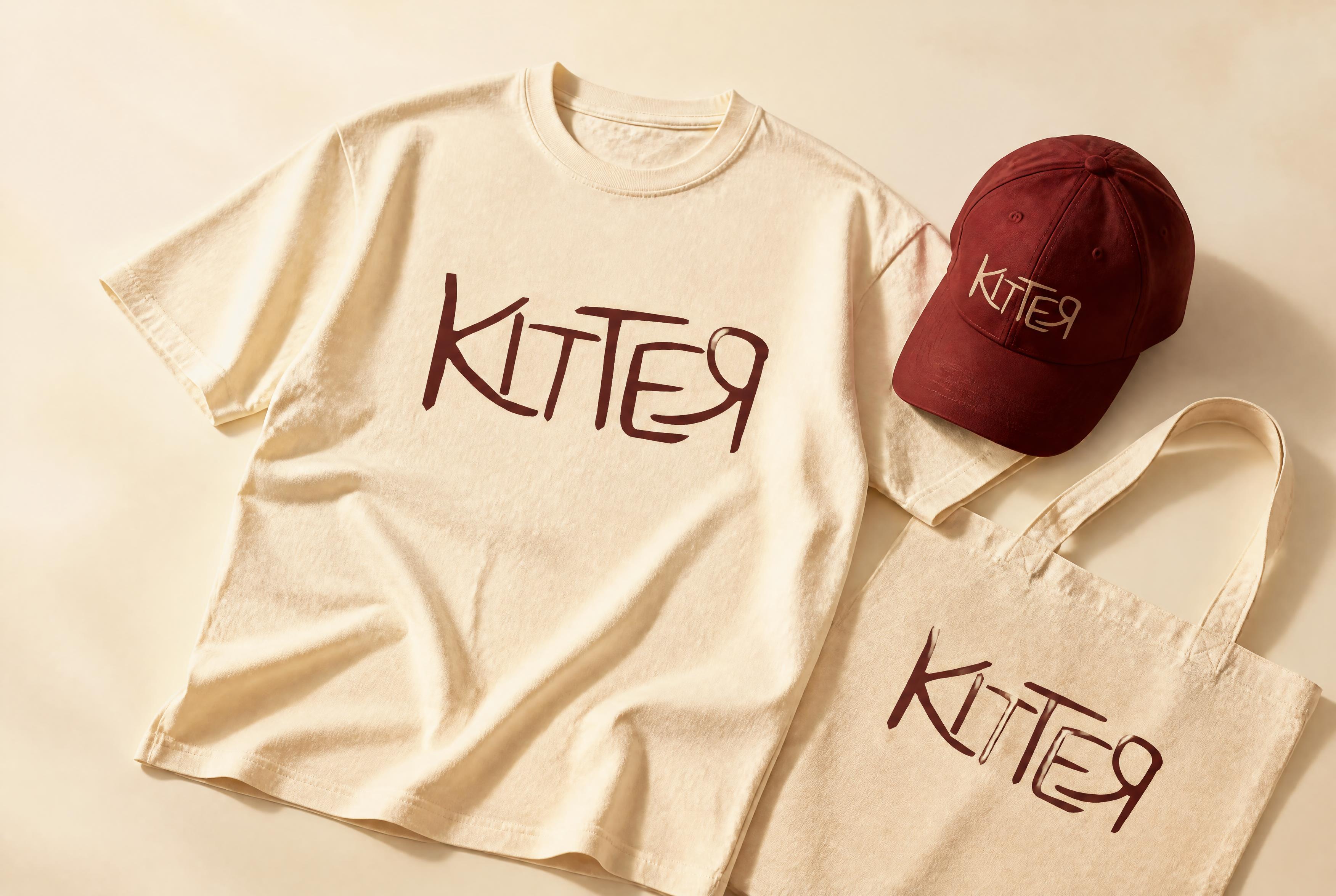 Conceito de merchandising Kitter: t-shirt creme, boné bordeaux e tote com o lettering da marca